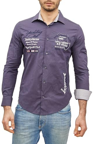 Subliminal Mode – Camisa bordada moderna y moderna con cuello Kent de manga larga a rayas, corte ajustado BX508