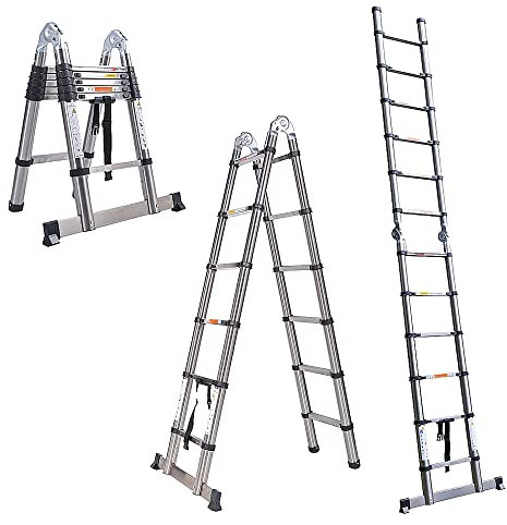 Escalera Telescópica en A, Escalera Extensible de Acero Inoxidable, Escalera Plegable Multiusos Portátil, Capacidad de Carga 150kg, para Decoración, Pintura, Bricolaje en el Hogar (1,9m + 1,9m)