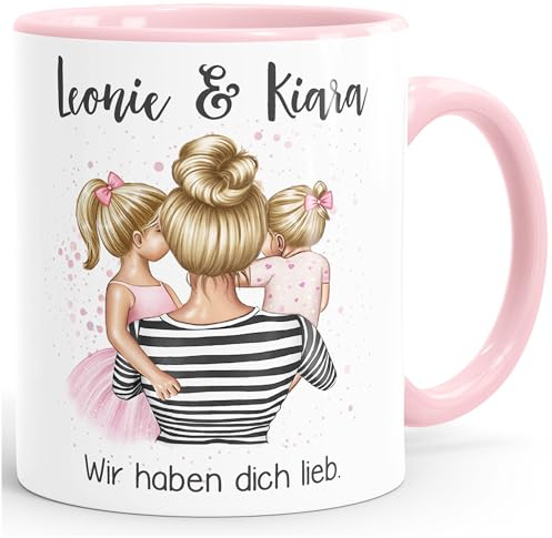 SpecialMe® Kaffee-Tasse Mama Kinder Tochter Sohn personalisiert mit Namen Wunschtext persönliches Muttertagsgeschenk Weiss-innen-rosa Keramik-Tasse