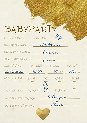 EMI&SAM Babyparty Wunschkarten Karten Junge & Mädchen Wünsche Baby Shower 20 St (Gold)