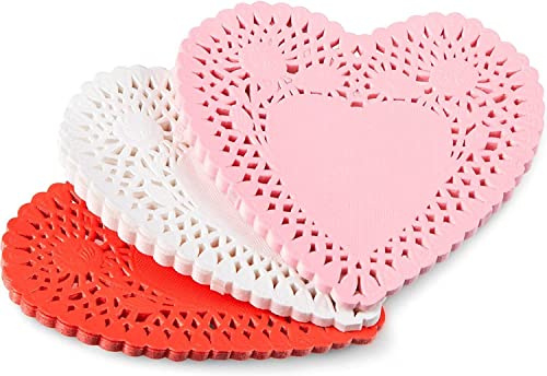 Happium 100 Stück Valentinstag Herz Deckchen 3 Farbe Herzform Papier Kuchen Dekorieren Pads Spitze Papier Deckchen für Valentinstag Dekoration Handwerk Party Rot, Rosa, Weiß