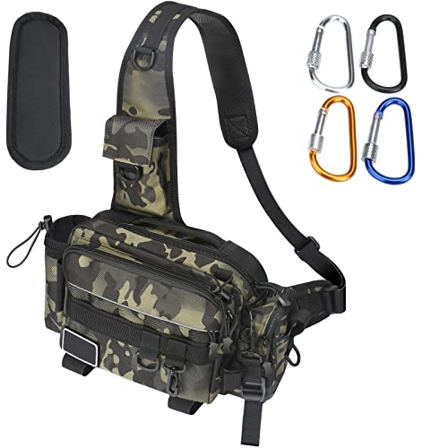 oumuik Angeltasche,Sling Angeltasche wasserdicht verschleißfest Angelrucksack für Angelzubehör mit 4 Karabiner