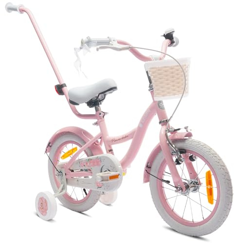 sun baby Mädchenfahrrad 14 Zoll Radgröße Flower Bike zur Auswahl, mit Abnehmbarer Schubstange, Kinderfahrrad für Mädchen von 2 bis 6 Jahre (Rosa, 14 Zoll)
