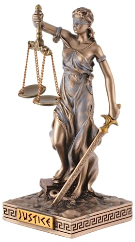 Déesse grecque Justititia avec balance, miniature en pierre artificielle, peinte à la main par l'artiste avec peinture bronze, par Veronese