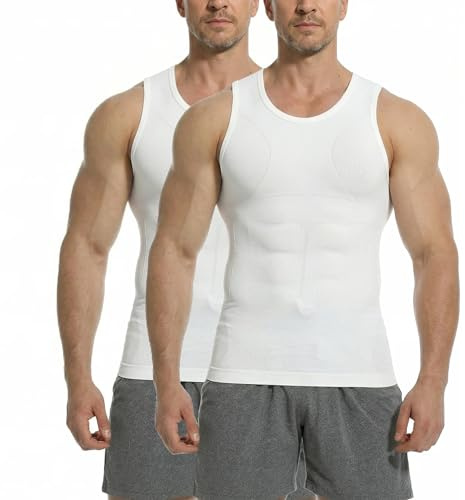PODFAN Kompressionströja män, slankgörande linne, gynekomasti undertröjor, magkontroll formkläder, kroppsformare väst för män, 2-pack vit, M