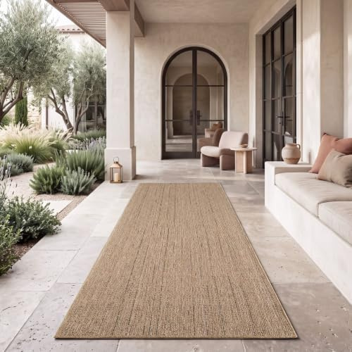 TT Home Waschbarer In-& Outdoorteppich Wetterfest Garten Terrasse Esszimmer Boho Muster Unicolor Meliert Moderner Style, Farbe:Beige, Größe:80x150 cm