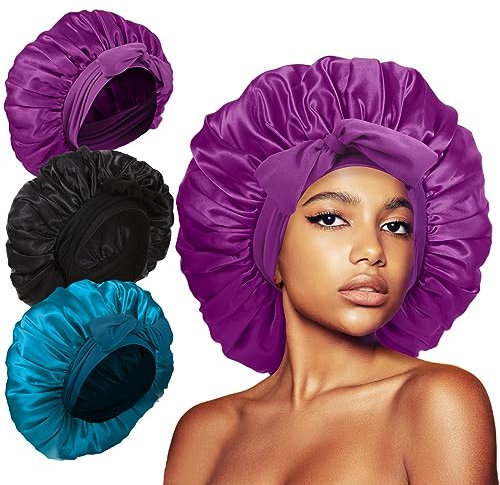 Cuffia in seta per dormire, in raso, per dormire, con capelli ricci neri, extra large, con fascia e trecce (nero, blu pavone + viola)