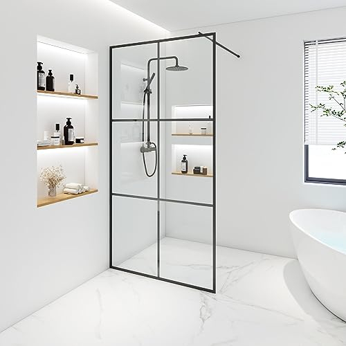 Home Deluxe - Duschabtrennung - BAKI - Breite: 140 cm, Schwarzer Rahmen, Klarglas, 6 Raster Optik - 10 mm ESG - Sicherheitsglas I Walk in Dusche, Duschwand, Duschtür