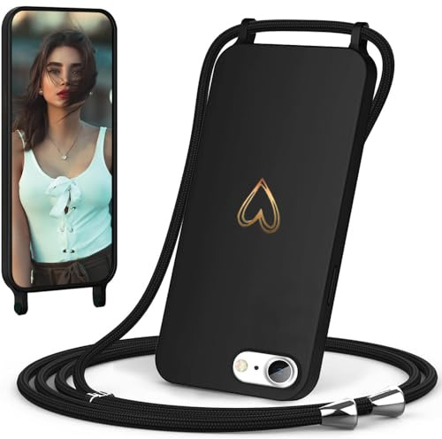 CaseLover Handyband für iPhone 8/7/SE 2022/SE 2020 Hülle mit Band, Schwarz | Herz Muster, Silikon Necklace Handyhülle mit Abnehmbar Kordel zum Umhängen, Stossfest Bumper Handy Schutzhülle Case 4.7 Zoll