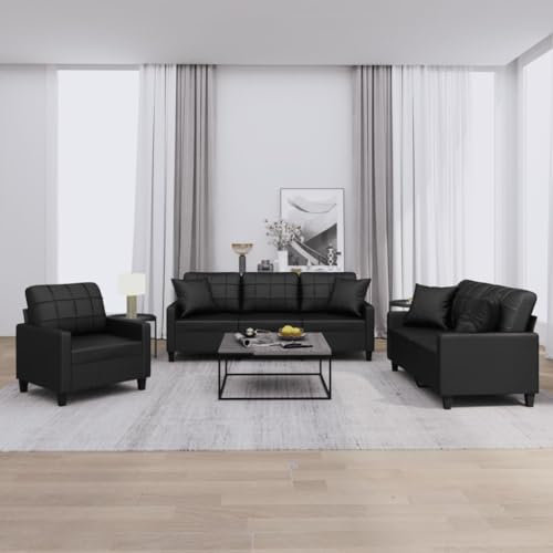 Homgoday 3-TLG. Sofagarnitur mit Kissen Sofa Couch Relaxcouch Relaxsofa Gästesofa Loungesofa Couchgarnitur Sofa für Wohnzimmer Schlafzimmer Büro Schwarz Kunstleder
