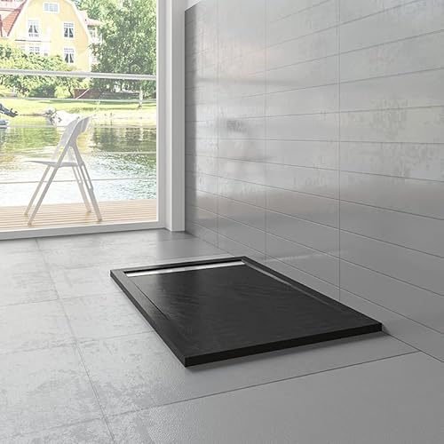 Rechteck Duschtasse Stein-Effekt Duschwanne Für Duschkabine,Schwarz 100x90cm