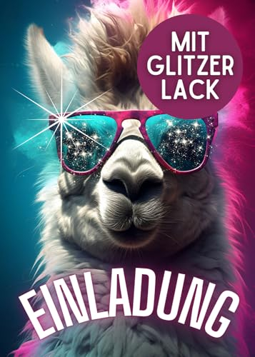 ZETTMANN® 12 Glitzer Lama Einladungskarten Kindergeburtstag Mädchen - Lustig lässige Alpaka Geburtstag Einladungen mit Glitzerlack - Einladungskarten Teenager Mädchen