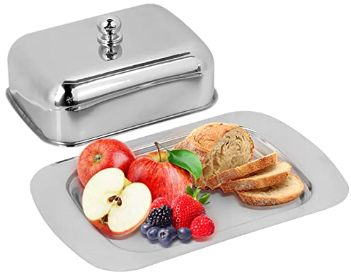 Covered Butter Dish with Lid, Stainless Steel Cheese Dish Tray Box, Food Storage Dessert Container Keeper with Cover for Kitchen Countertop Fridge Butter Cheese Dessert