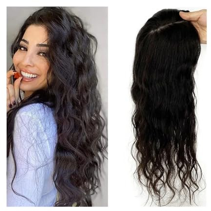Haartopper für Frauen Locker gewellter Echthaar-Topper for Frauen mit dünner werdendem Haar, 5 x 5/6 x 6 Zoll Toupet auf Seidenbasis mit 4 Clips, 8–22 Zoll gewellte, handgebundene Remy-Haarteile Haart
