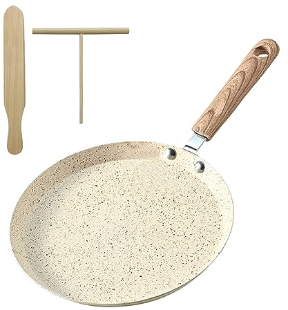 Crepe - Padella con rivestimento antiaderente da 22 cm: padella per pancake, in alluminio pressofuso, con distributore di pasta e pala di legno, per altre fonti di calore e induzione (albicocca)