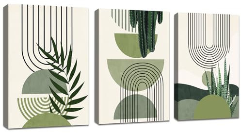 3 Pcs Quadri Moderni Verde Salvia Boho Stampa su Tela Con Cornice Quadro Astratto Estetica Verde Pianta pittura su tela poster da parete Decorazione Murale Soggiorno Camera da letto 30x40cmx3