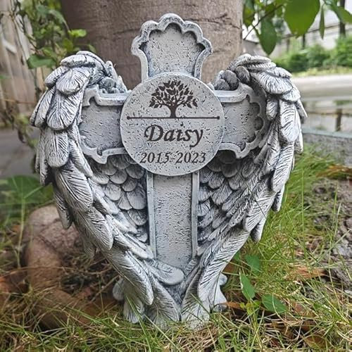 JHB Personalisierte Engel Kreuz graviert Haustier Memorial Stein Hund Grab Marker Hund Grabstein Katze Grabstein Haustier Verlust Geschenk Friedhof Garten Plaque