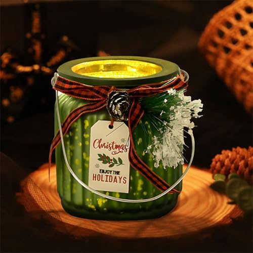 dellyy 9 * 7,5 cm Weihnachten Glas Kerzenhalter, Windlicht Kerzenständer mit Buchstabenteller und Tannenzapfen, Kerzenständer, Teelichthalter Glas für Weihnachtsfeiertisch und Kamindekoration