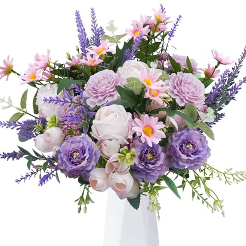 Zythrem Roses Artificial Flowers Fake Rose Flowers Silk Faux Roses Vintage Artificial Rose Mix Lavender Daisy Flowers Bouquet for Wedding Party Table Centerpieses Fake Spring Flower arrangements