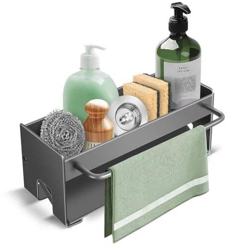 TOKPLNU Kitchen Sink Caddy Grey,Metal Sponge Holder with Self Drain Tray & Dishcloth Hanger, Kitchen Sink Organiser Washing Up Caddy,Sink Tidy for Bathroom