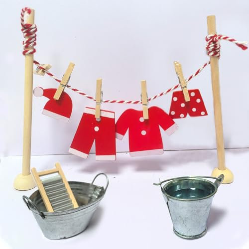 HARRA HOME Gnome Clothes Airer Set, 16 Pieces Miniature Gnome Accessories, Gnome Door Accessories Christmas Including Wooden Hangers / Clothes, Bucket, Grating Boards, Children's Room Decoration for