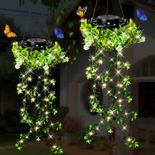 KagoLing Solar Lights Outdoor Garden, 2 Pack Hanging Artificial Plants 66 LED Fairy Lights, IP65 Solar Powered Waterproof Ornaments Outdoor, Gifts Birthday for Women Mum Grandma