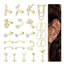 Adramata 16G Piercing Set in Acciaio Chirurgico - Orecchio Helix Cartilagine Conch per Donna, Orecchini a Bottone e Cerchio con Trago Piccolo - Argento Oro