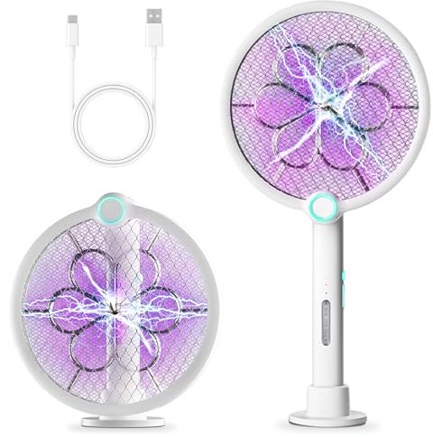 BuzzoXerex Elektrische Fliegenklatsche, 4000V Fliegenklatsche Elektrisch Extra Stark 2 in 1, 1800mAh Fliegenklatsche Elektrisch Aufladbar mit 180° Rotierender, Type-C Ladekabel, Ständer, Beutel