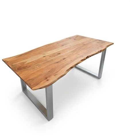 Bett11 Esstisch 140x80 cm Akazie massiv Natur U-Gestell Silber | 26 mm Tischplatte mit natürlicher Baumkante aus massivem Akazienholz
