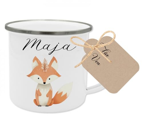 Manufaktur Liebevoll Namenstasse Kinder Kindertasse Personalisiert Emaille Tasse Mädchen Junge Geschenk Fuchs Waldtier Tier Becher