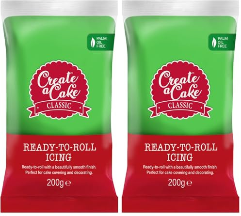 Create A Cake Ready To Roll Icing | Green Fondant Icing | Palm Free Sugar Paste For Cake Decorating, Cupcakes, Cookies, Cakes - 200g (Pack of 2)
