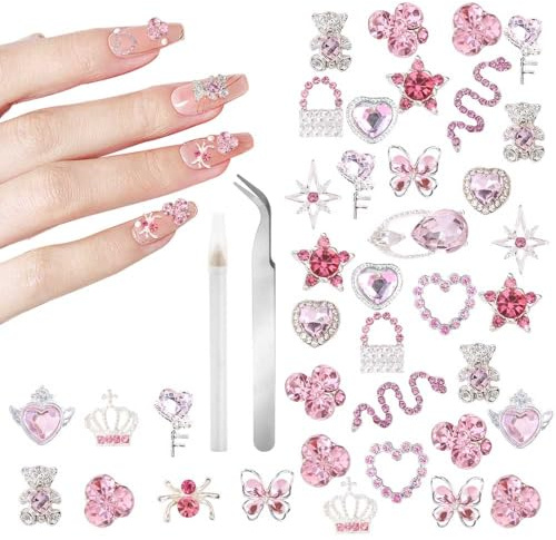 FIDWALL Lot de 32 Charms Ongles Y2K – Strass Ongle Nail Art 3D avec Cœur, Nœud, Papillon, Ourson, Bijoux Ongles avec Stylo Pick-Up, Déco Ongle pour Gel 3D, DIY, Fêtes, Surprise