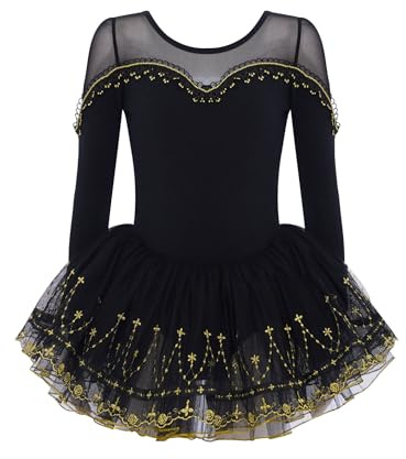Zaldita Vestito da Balletto Tutu Ballerina per Ragazza Maniche Lunghe Abito da Danza Classica in Pizzo Patchwork Body da Ginnastica Saggio Pattinaggio Dancewear Nero 5-6 Anni