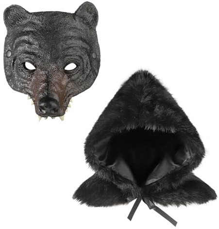 haozaikeji Costume da uomo in pelliccia sintetica con cappuccio, scialle e maschera per il viso, 2 pezzi, costume da barbaro norreno, stile rinascimentale, medievale, cavaliere guerriero, LARP
