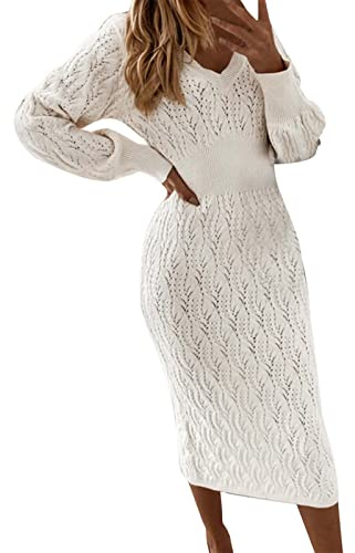 Vestido largo de manga larga para mujer, de invierno, cálido, de punto hasta la cadera, maxi suéter para mujer, Blanco, M