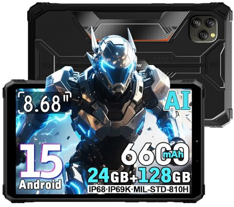 Blackview Active 5 AI Rugged Tablet 2026, 8.68 HD+ 90Hz Android 15 Waterproof Tablet, 24GB+128GB/2TB Outdoor Tablets,16MP+13MP, 6600mAh Battery, 5G WIFI/IP68/IP69K/NFC/OTG/GPS/FM (Black) ﻿