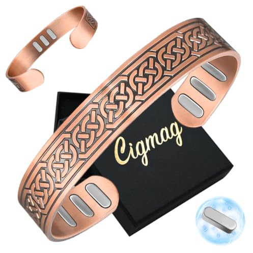 Cigmag 9X Copper Magnetic Bracelet for Men 5000 Gauss Pure Copper Bracelet | 9 Powerful Magnets, Adjustable Real Solid Cooper Cuff Bangle, with Present Box