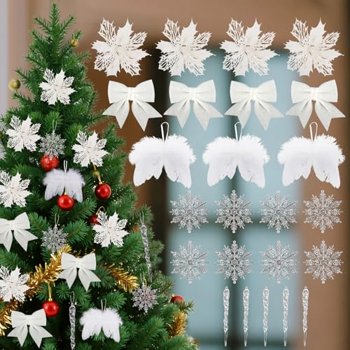 21PCS White Christmas Tree Decorations, Xmas Decorations with Poinsettia Artificial Flowers, White Bows for Christmas Tree, Feather Wings, Snowflake & Icicles Ornaments with Silver Hanging Wire