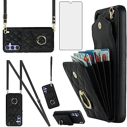 Asuwish Phone Case for Samsung Galaxy S25 FE 5G Wallet Cell Cover with Tempered Glass Screen Protector Crossbody Wrist Strap Ring RFID Blocking Card Holder S 25 EF S25FE 25S 25FE Women Men Girls Black