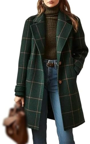 Trench d'hiver à col cranté pour femme, manteau rétro à carreaux, manteau d'extérieur boutonné mi-long, vert foncé, L