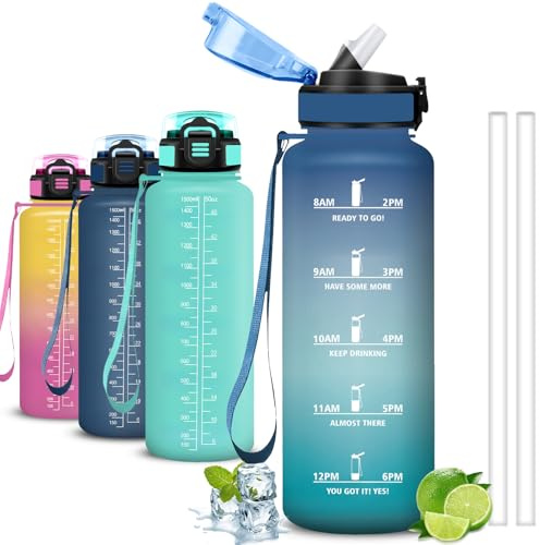 Mujigaga Gourde Sport, Gourde 1,5l, Anti Fuite, Gourdes Graduée pour 1 Journee, Facile à Nettoyer, Gourdes Graduée, avec Slogan de Motivation, pour Camping, Yoga, Randonnée, Triathlon