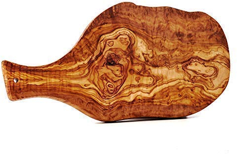 DAS OLIVENHOLZBRETT® Schneidebrett, Servierbrett in Naturform mit Griff 30cm