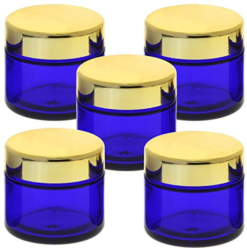 Blau Glas-Tiegel 50ml mit Deckel Gold, Leere Kosmetex Glas Creme-Dose, Kosmetik-Dose aus Blauglas, Blau - Gold, 5 Stück