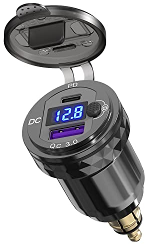 Presa DIN a USB C Caricabatterie per Moto: Qidoe Metallo Dual Porte QC3.0 e PD3.0 Adattatore Din Hella a USB con Voltmetro Interruttore per 12-24 V Motocicli Europei Ducati/Triumph/BMW con Prese Din