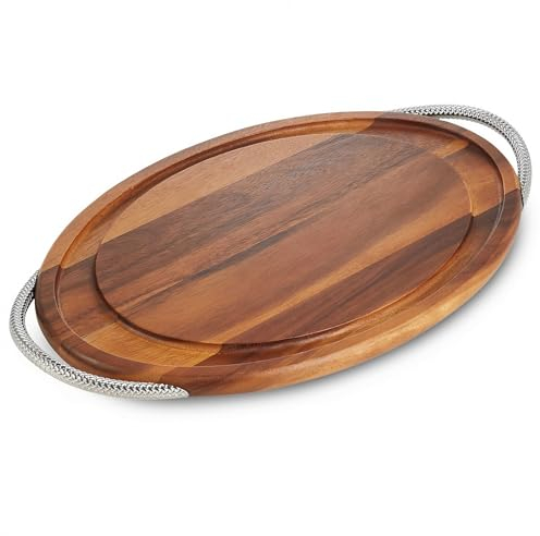 nambe Braid Wooden Carving Board | Extra Large Chopping Board, 24” x 14” | Meat Cutting Boards for Kitchen with Juice Groove and Handles | Made of Acacia Wood and Chrome Plate