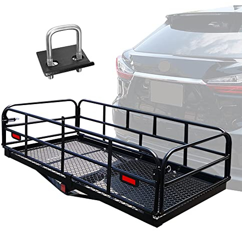 OKLEAD 500 Lbs Heavy Duty Hitch Mount Cargo Carrier 60 x 24 x 14.4 Folding Cargo Rack Rear Luggage Basket Fits 2 Receiver for Car SUV Camping Traveling