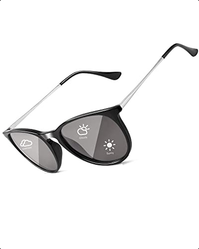 TJUTR Photochromatisch Sonnenbrille für Herren Damen, Polarisiert Klassische Retro Runde Brille Autofahren- UV400 Schutz (Schwarz/Grau Photochromatisch)