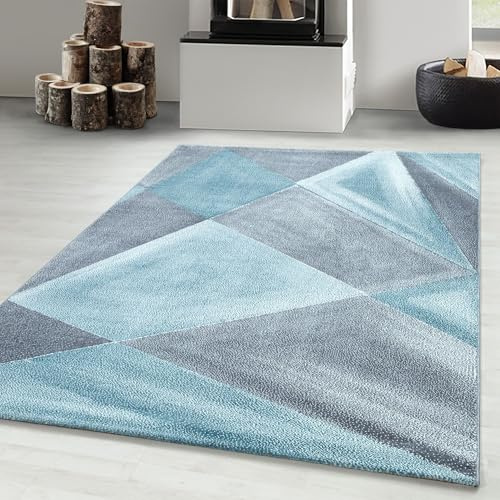Carpetsale24 Designer Teppich Modern Abstrakt Gemustert – Grau und Blau – Wohnzimmerteppich für modernen Stil und Komfort, Größe 80x150 cm – Pflegeleicht, Weicher Flor, Ideal für Wohnzimmer