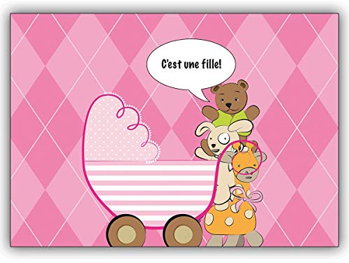 16er Set: rosa französische Babykarte (Mädchen) mit Kinderwagen: C'est une fille! • liebevolle Willkommens Grusskarte, Geschenk-karte zur Geburt für Mutter und Kind für Mitarbeiter, Familie