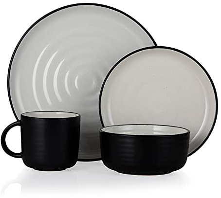 Barbary & Oak BO867006BLK Cascade 16 Piece Dinnerware Set, Stoneware, Black and Cream Speckled